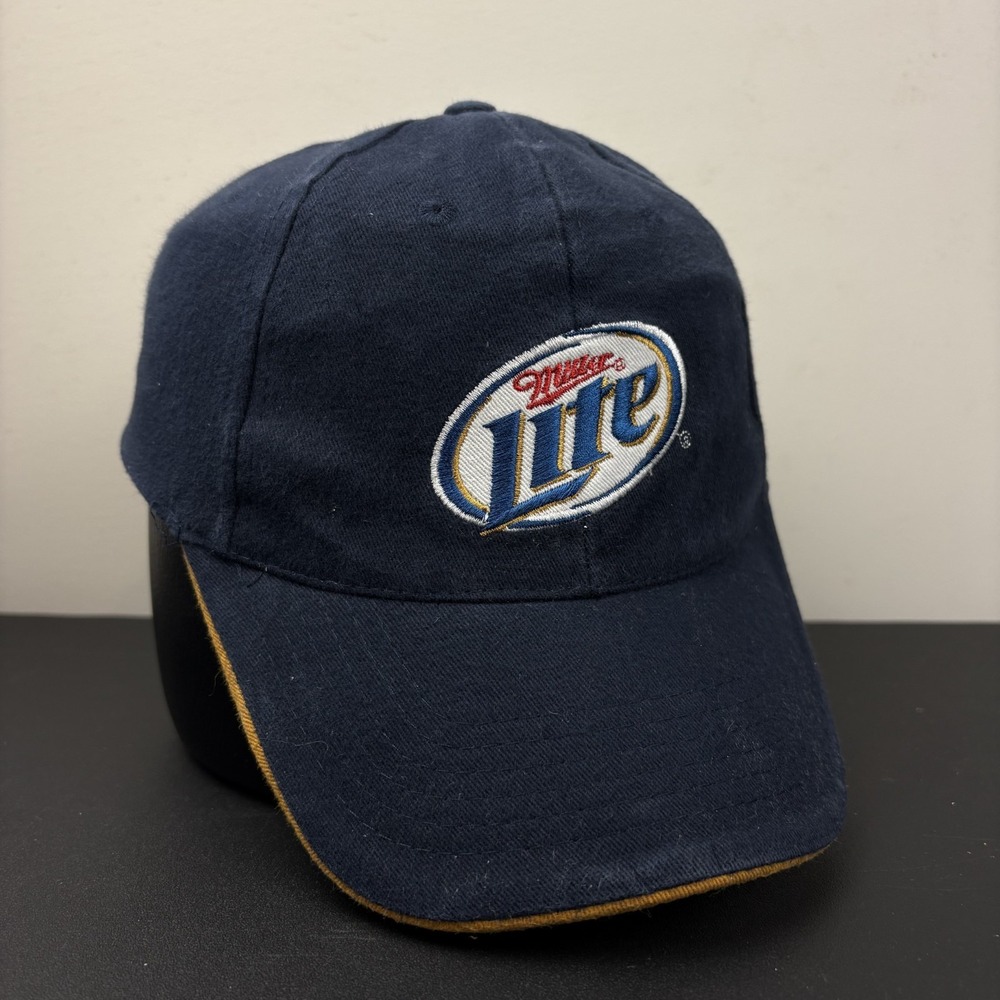 Vintage Y2K Miller Lite Beer Navy Blue Gold Sandwich Brim Strapback Dad Hat Cap